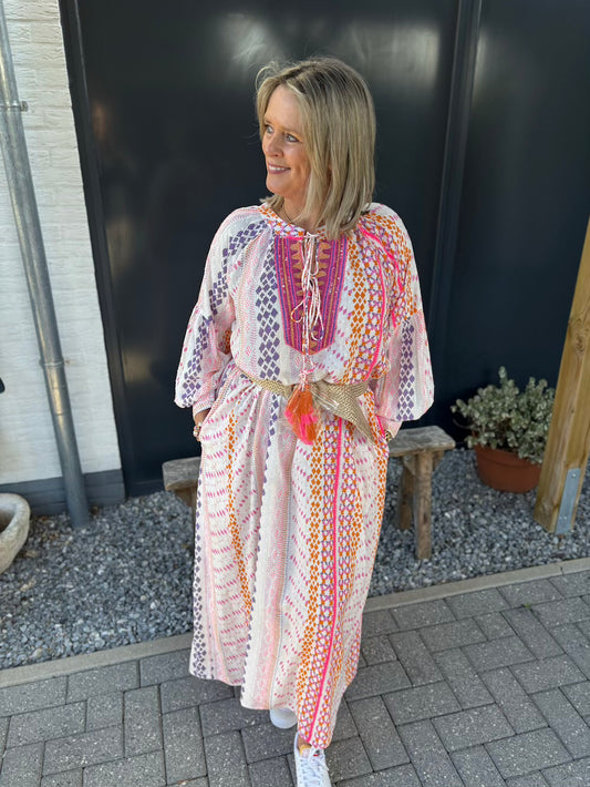 Jurk met kraaltjes neon wit lila
