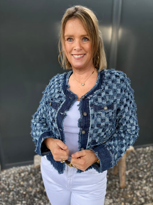 Jeans jasje met strass knoopjes