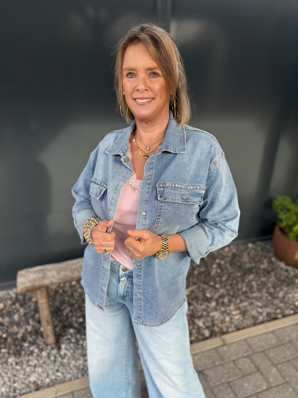Denim blouse met strass