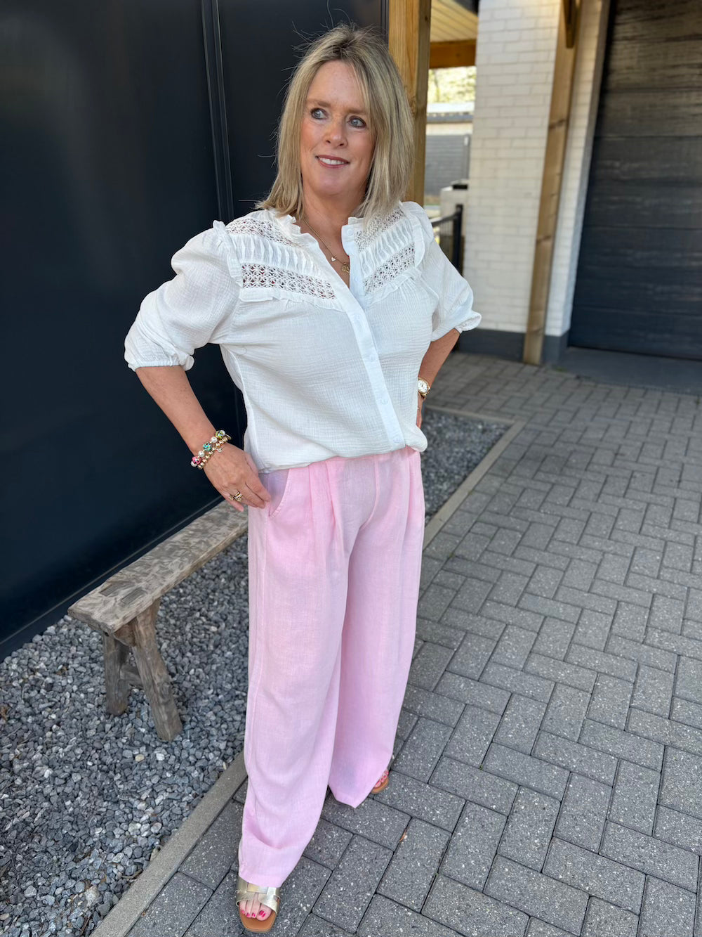 broek linnenmix wijd met plooi zachtroze