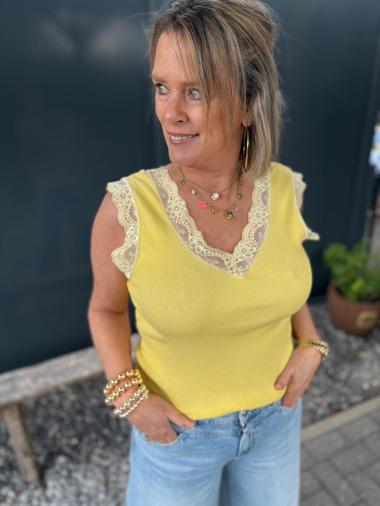 Topje dubbele V hals geel