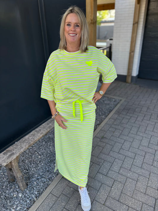 2 delige set sweaterrok en shirt neon geel gestreept