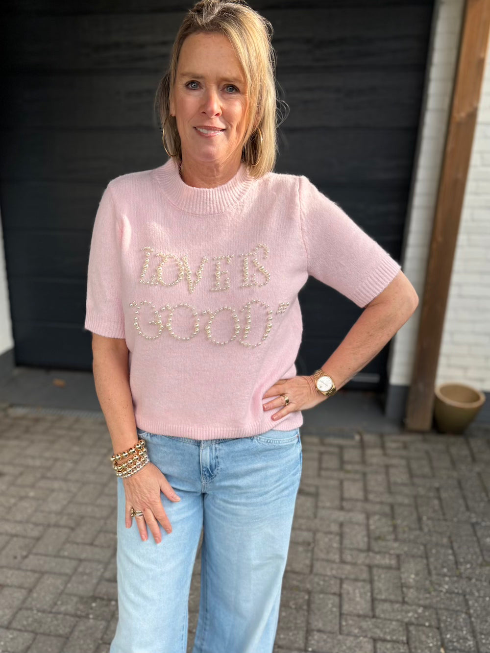 Truitje korte mouw met parels roze