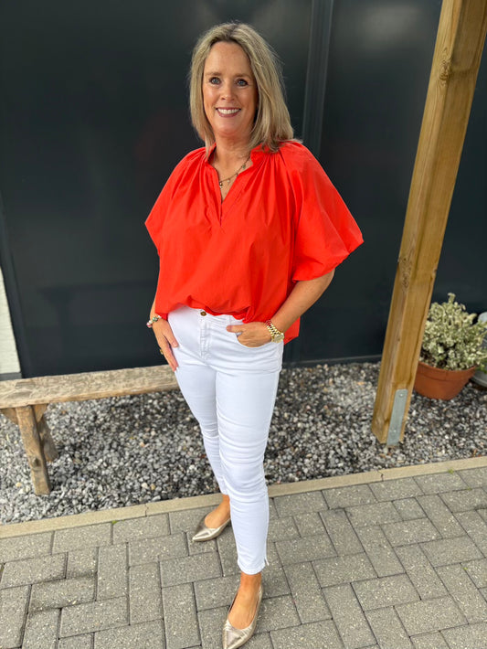 Blouse met korte pofmouw koraal