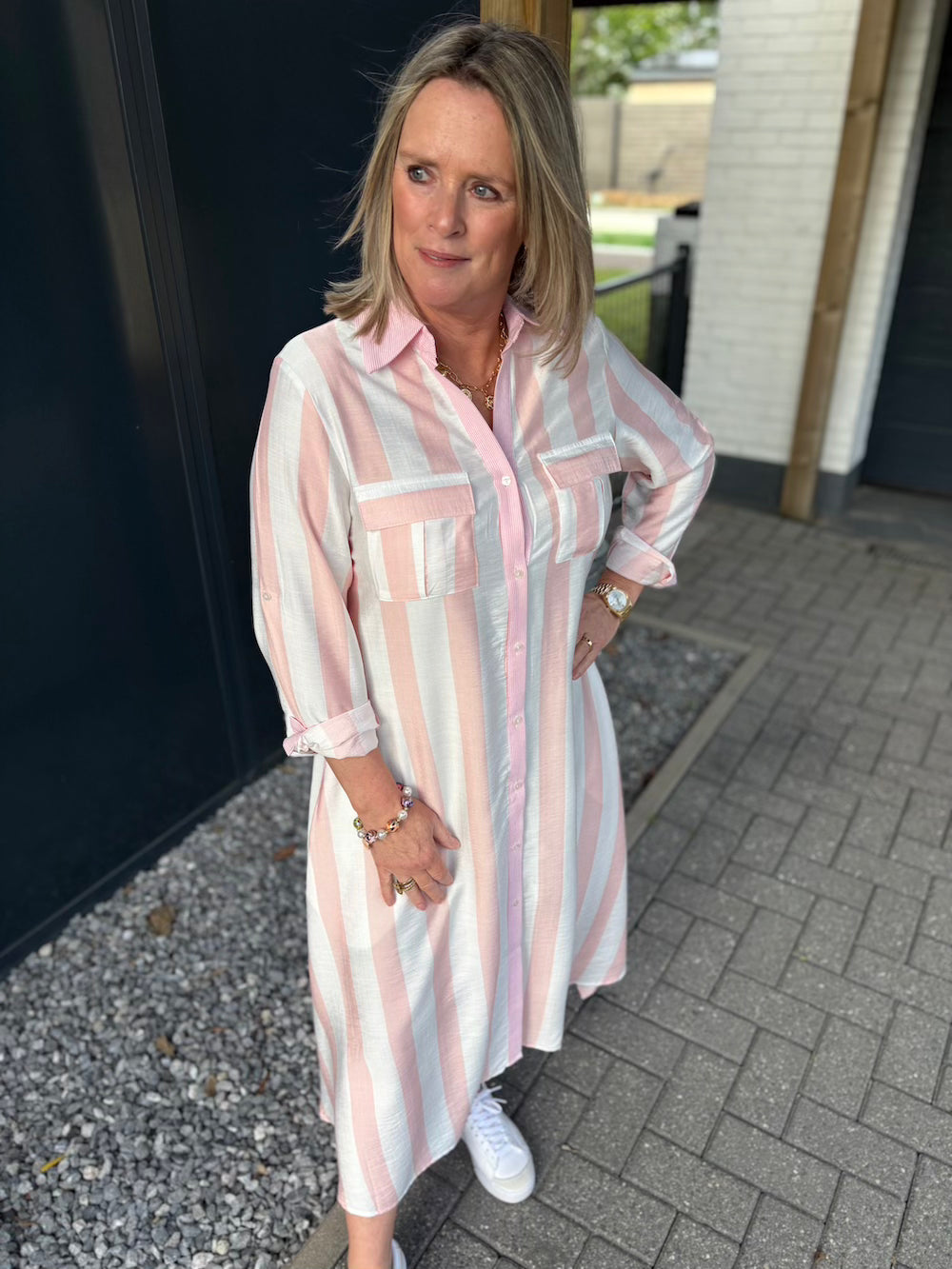 Jurk gestreept roze wit