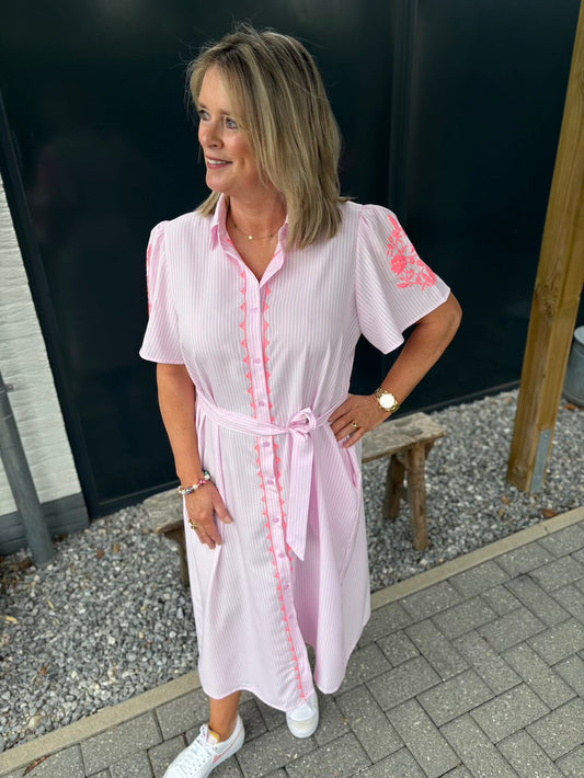 jurk gestreept katoen roze met neon bloem
