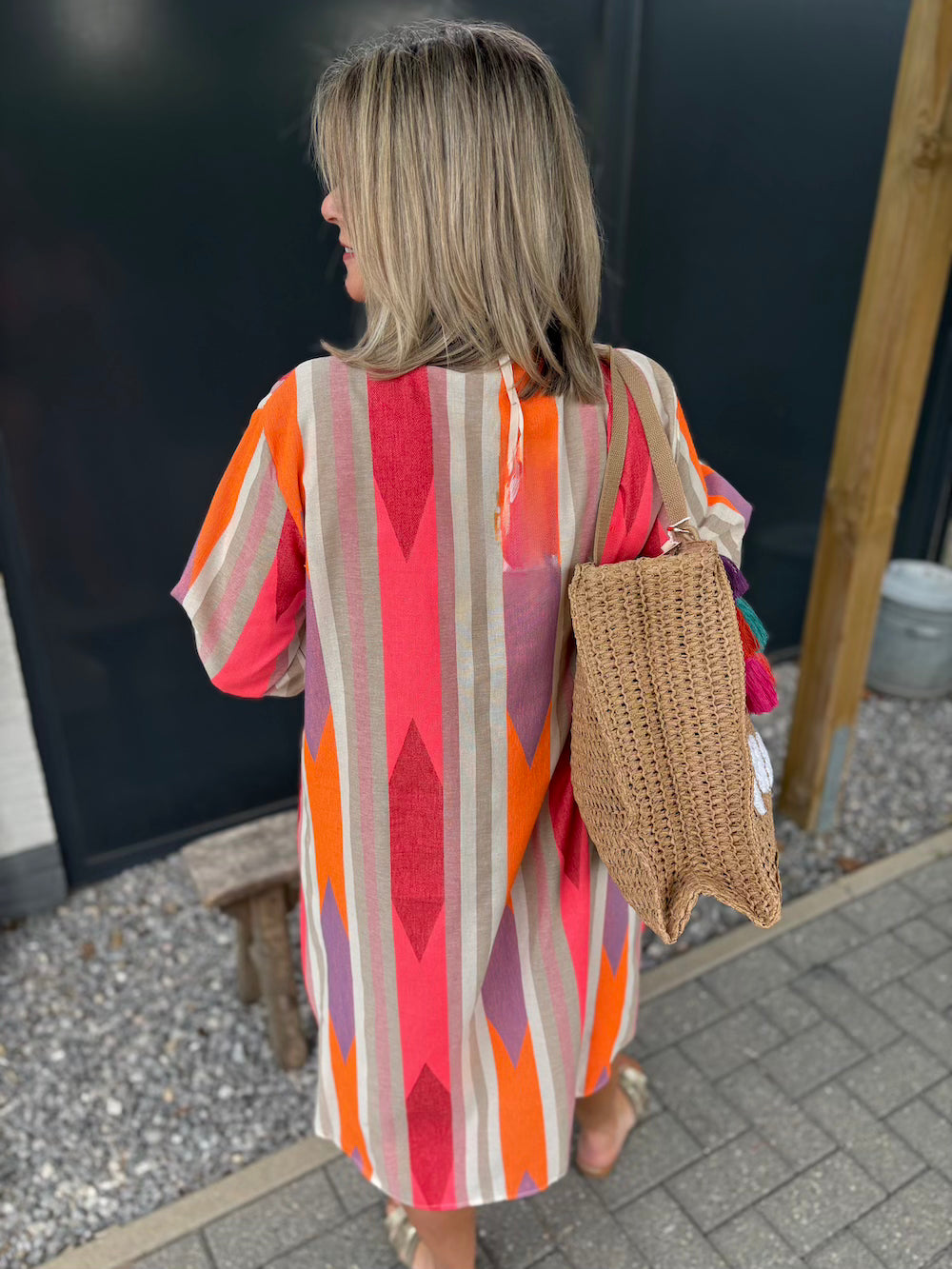Jurk V hals paars neon oranje beige