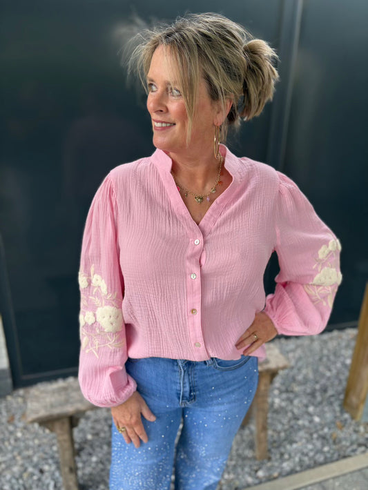 Blouse roze tetra katoen met creme bloem