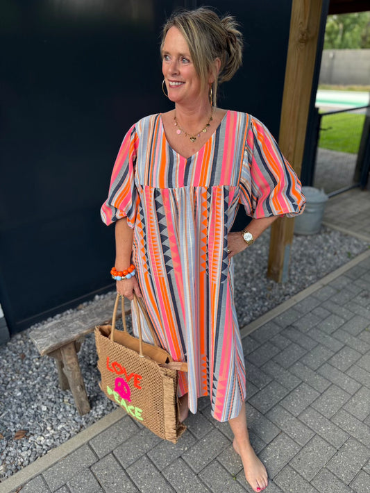 jurk jeansblauw met neon
