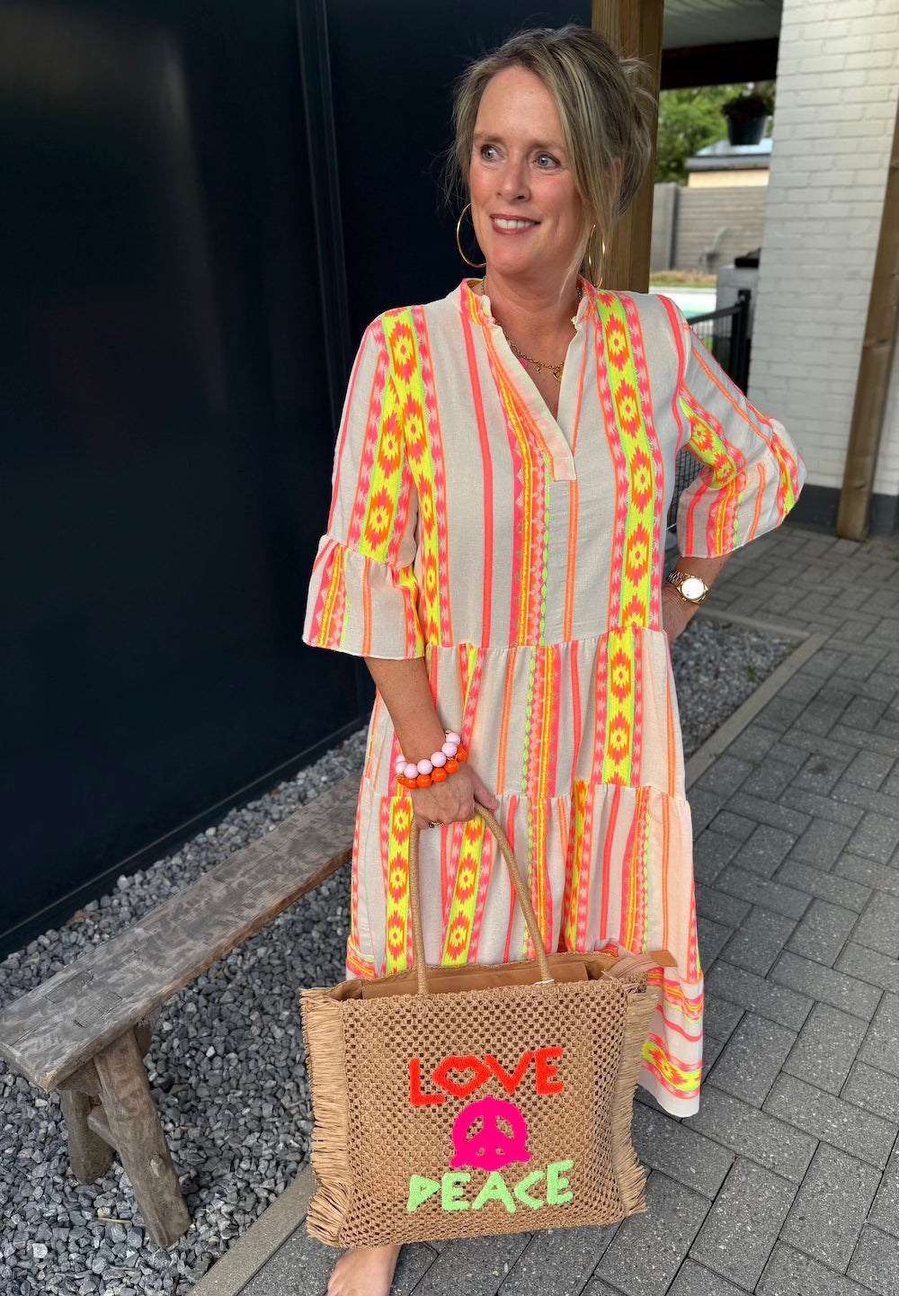 jurk met stroken creme neon