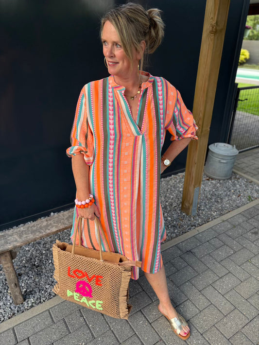 Jurk v hals neon gekleurde streep