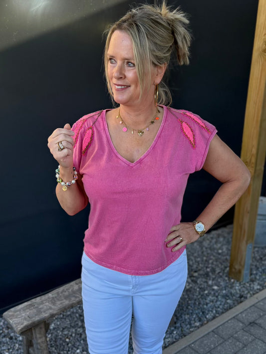 T shirt met kraaltjes framboos
