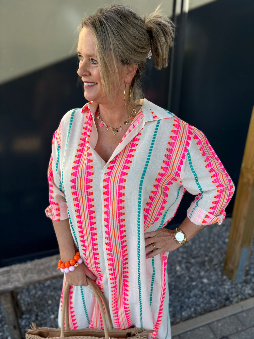Jurk wit met neon strepen
