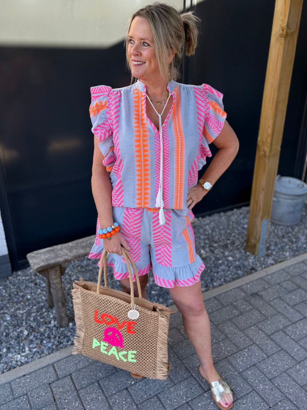 setje met ruffle jeansblauw neon