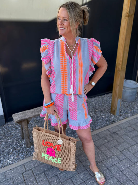 setje met ruffle jeansblauw neon