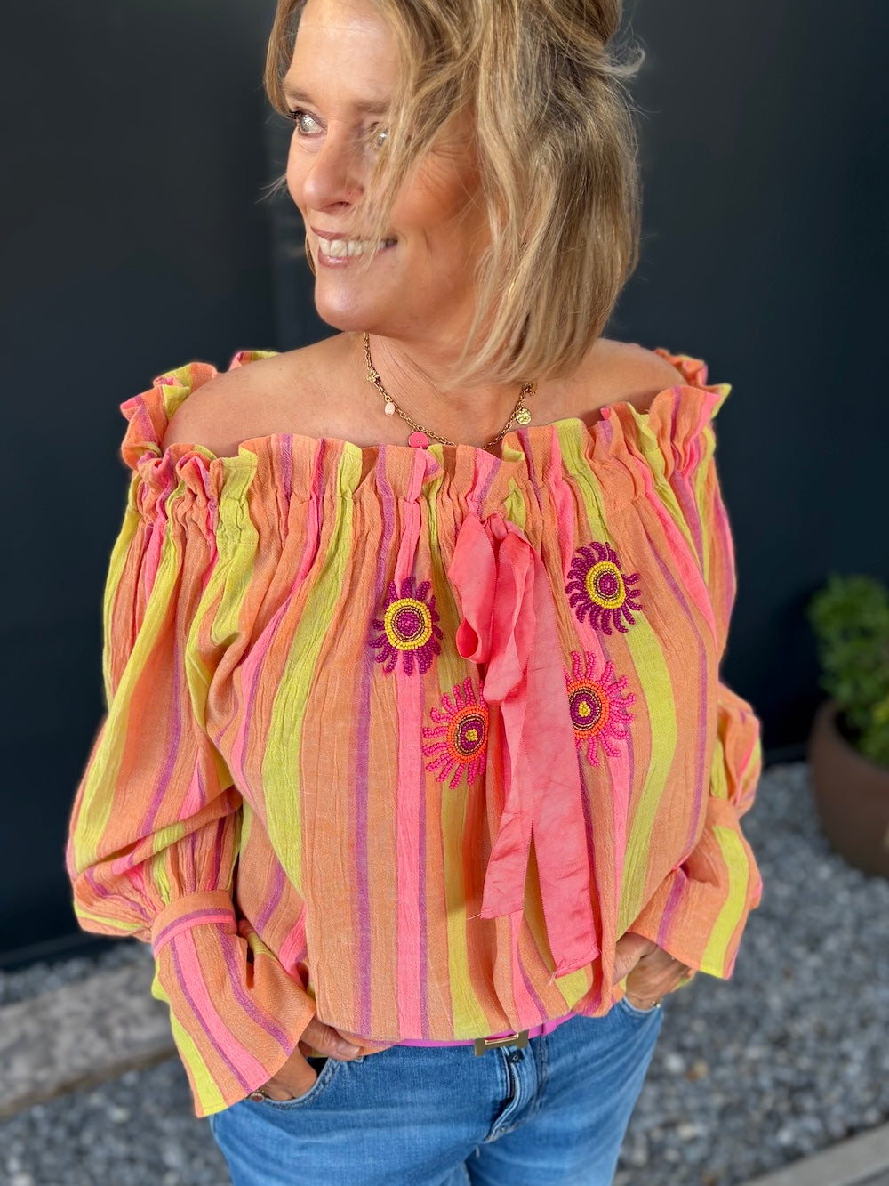 Off shoulder blouse roze/ geel/ koraal