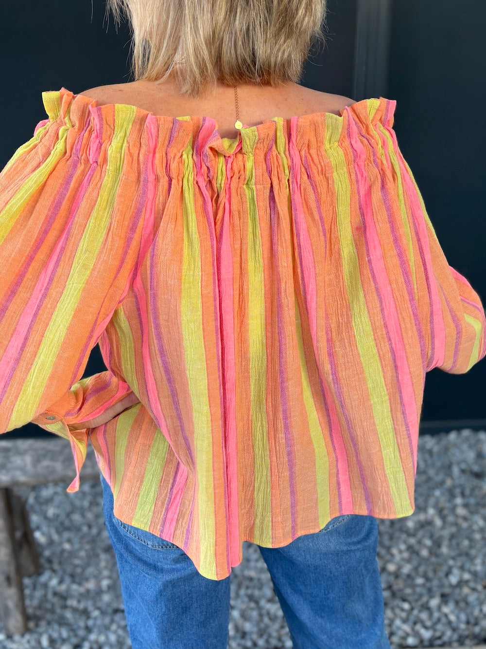 Off shoulder blouse roze/ geel/ koraal