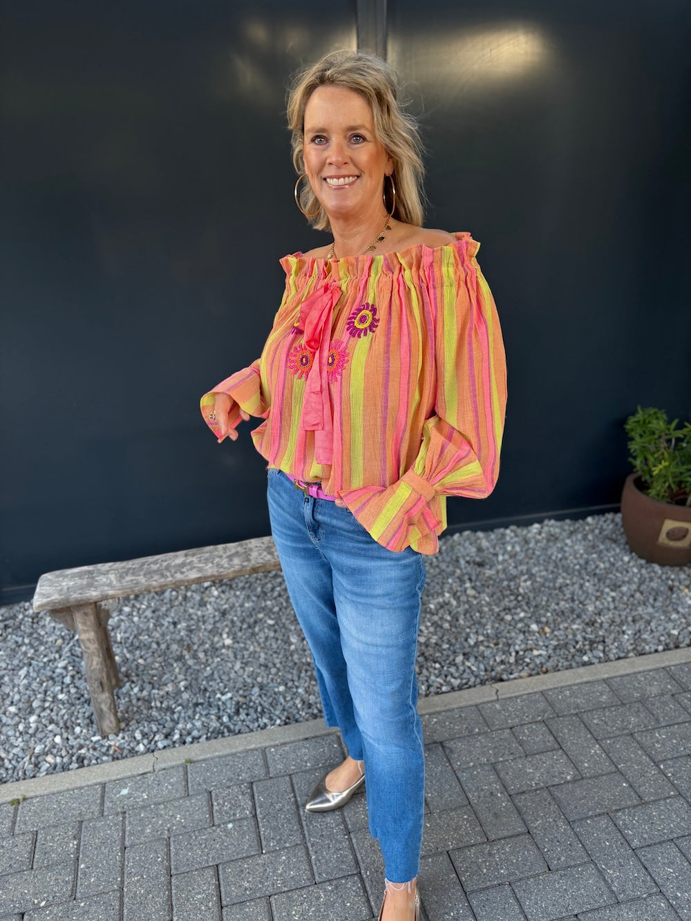 Off shoulder blouse roze/ geel/ koraal