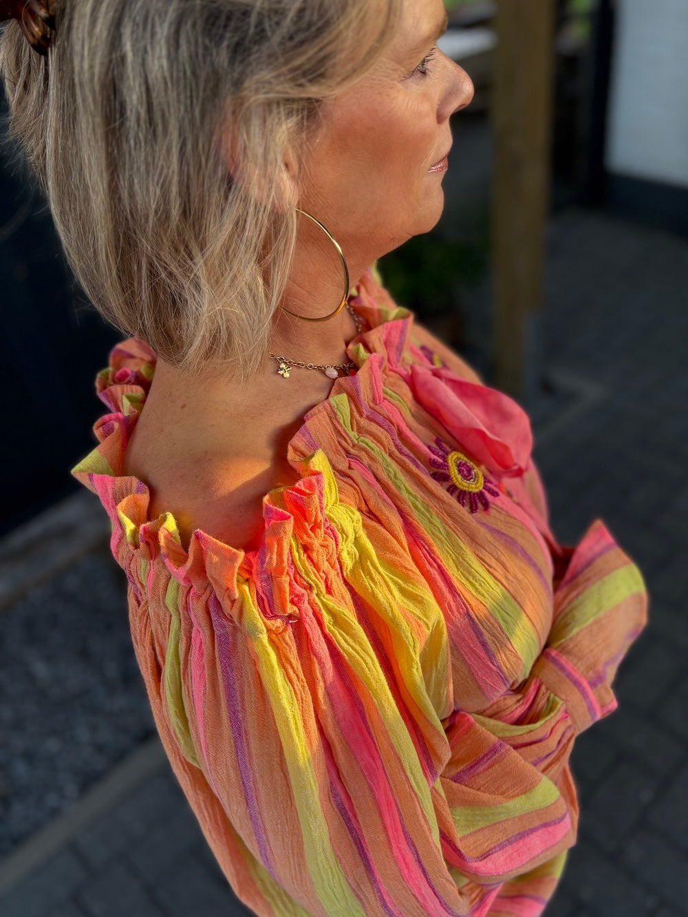 Off shoulder blouse roze/ geel/ koraal