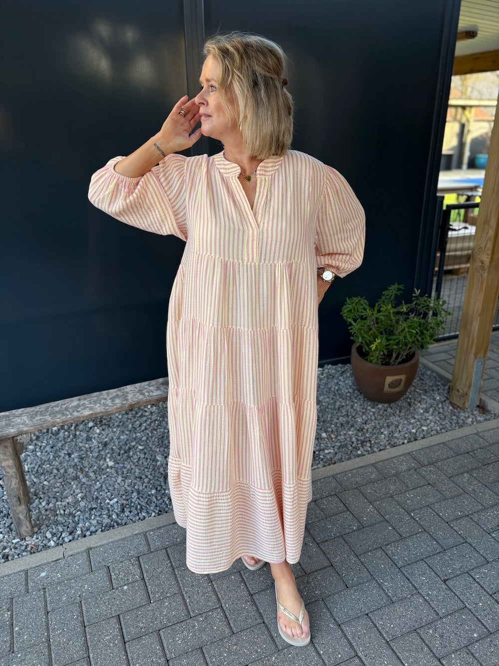 Maxi jurk tetra gestreept geel/roze