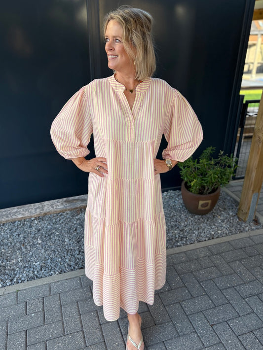 Tetra jurk maxi geel roze