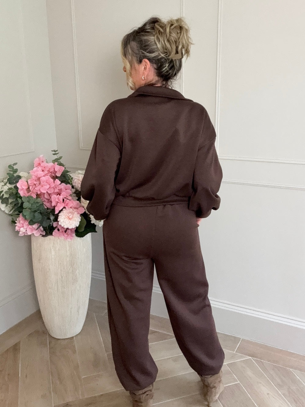 luxe comfyset mett knopen marine bruin