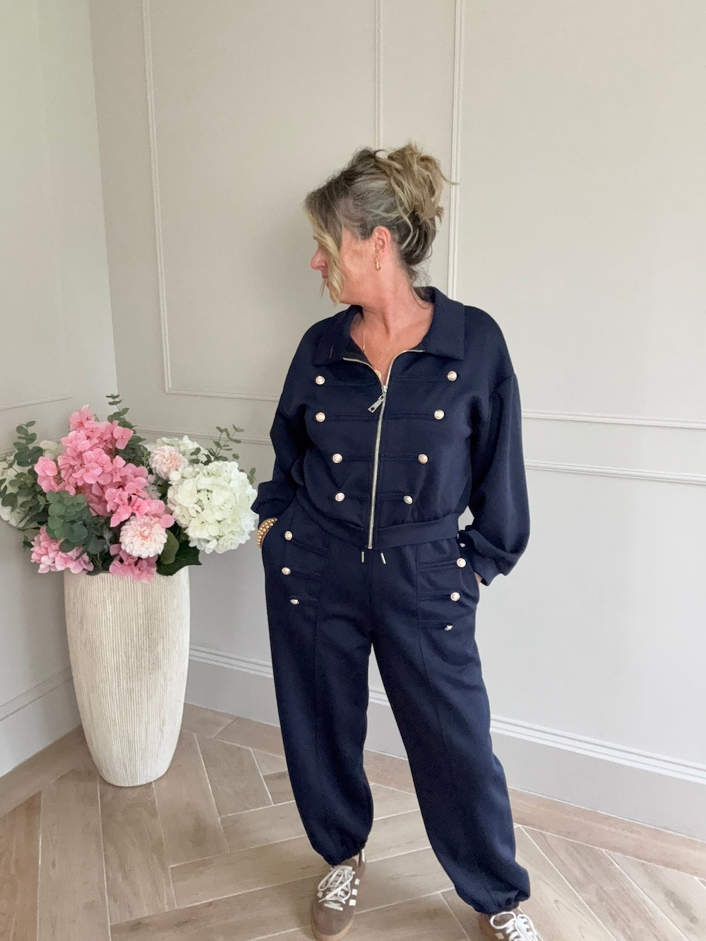 luxe comfyset mett knopen marine blauw