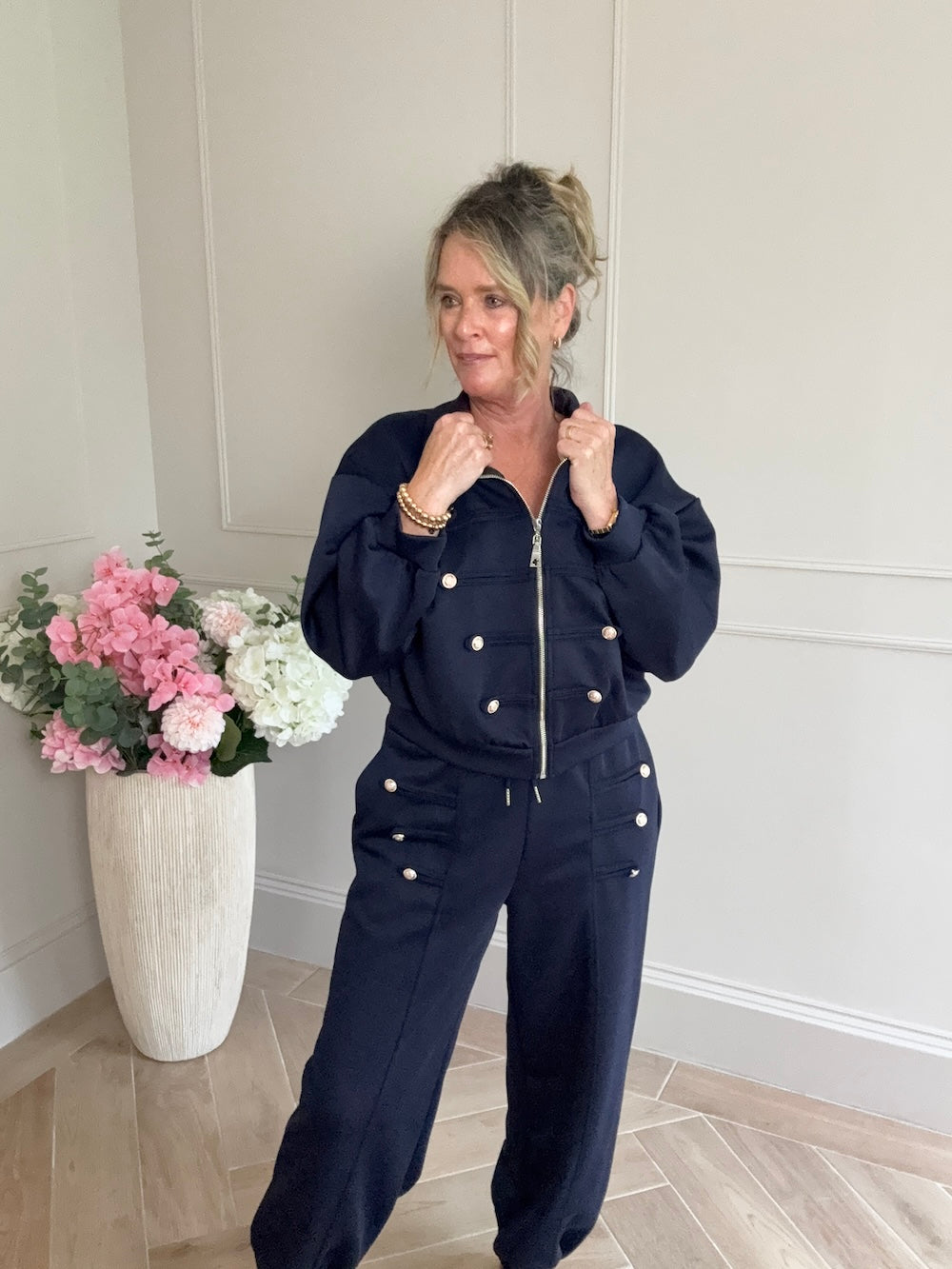 luxe comfyset mett knopen marine blauw