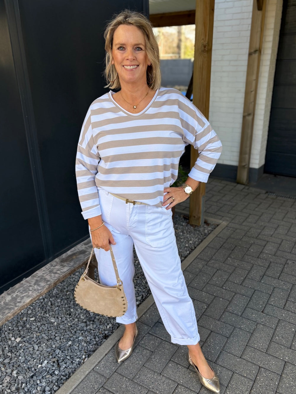 Shirt lange mouw wit beige