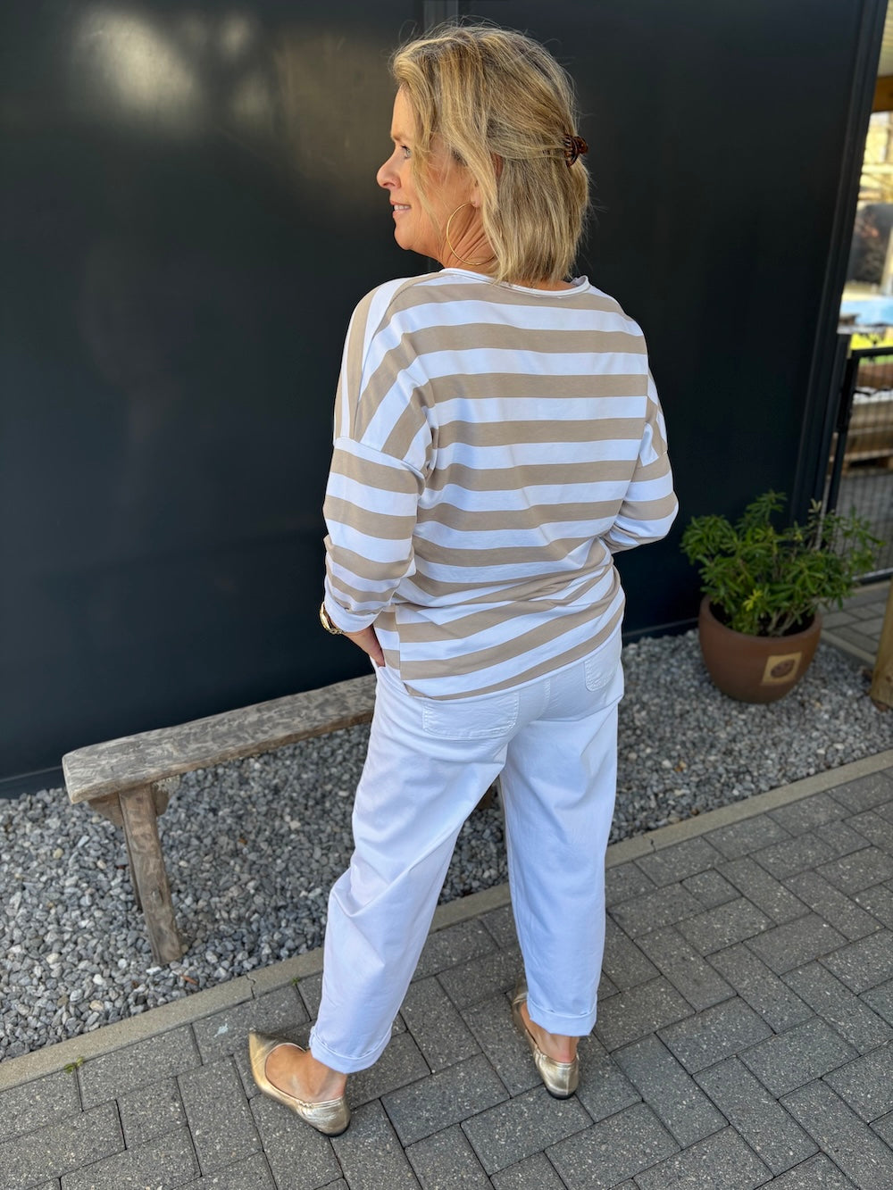 Shirt brede streep beige wit