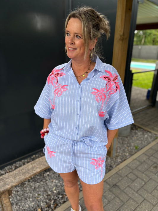 set blauw wit gestreept met neon bloem