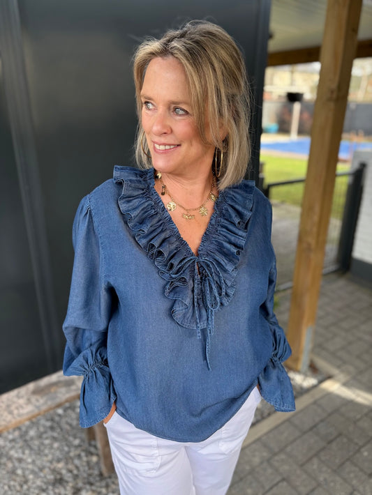 Blouse met trompet mouw blauw