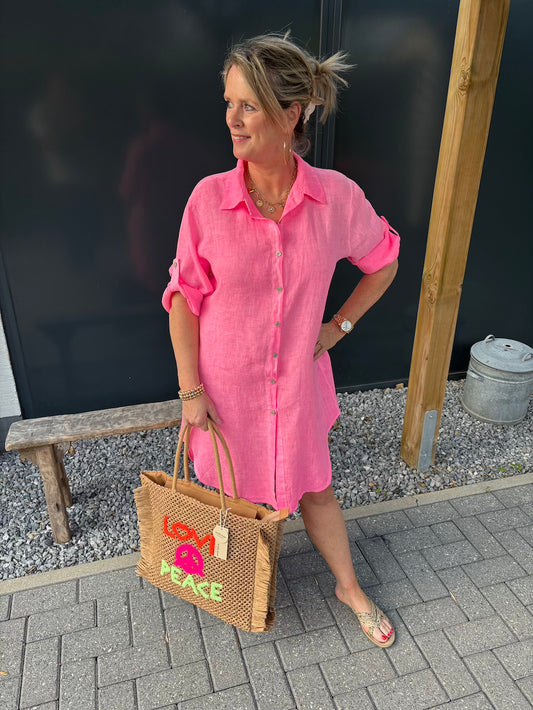 linnen midi jurk neon roze