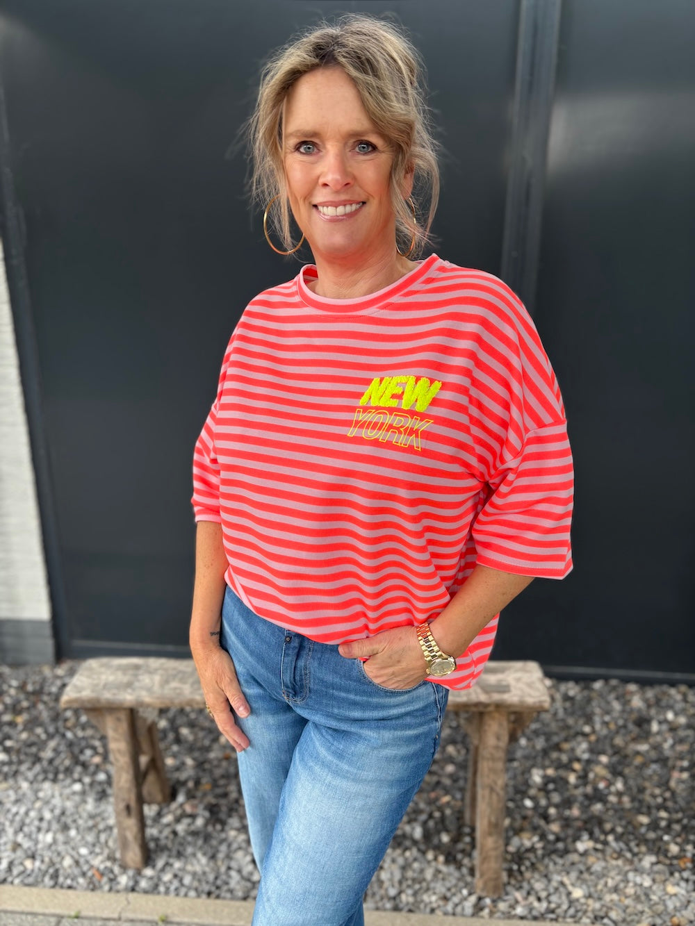 Shirt met applicatie NY koraal